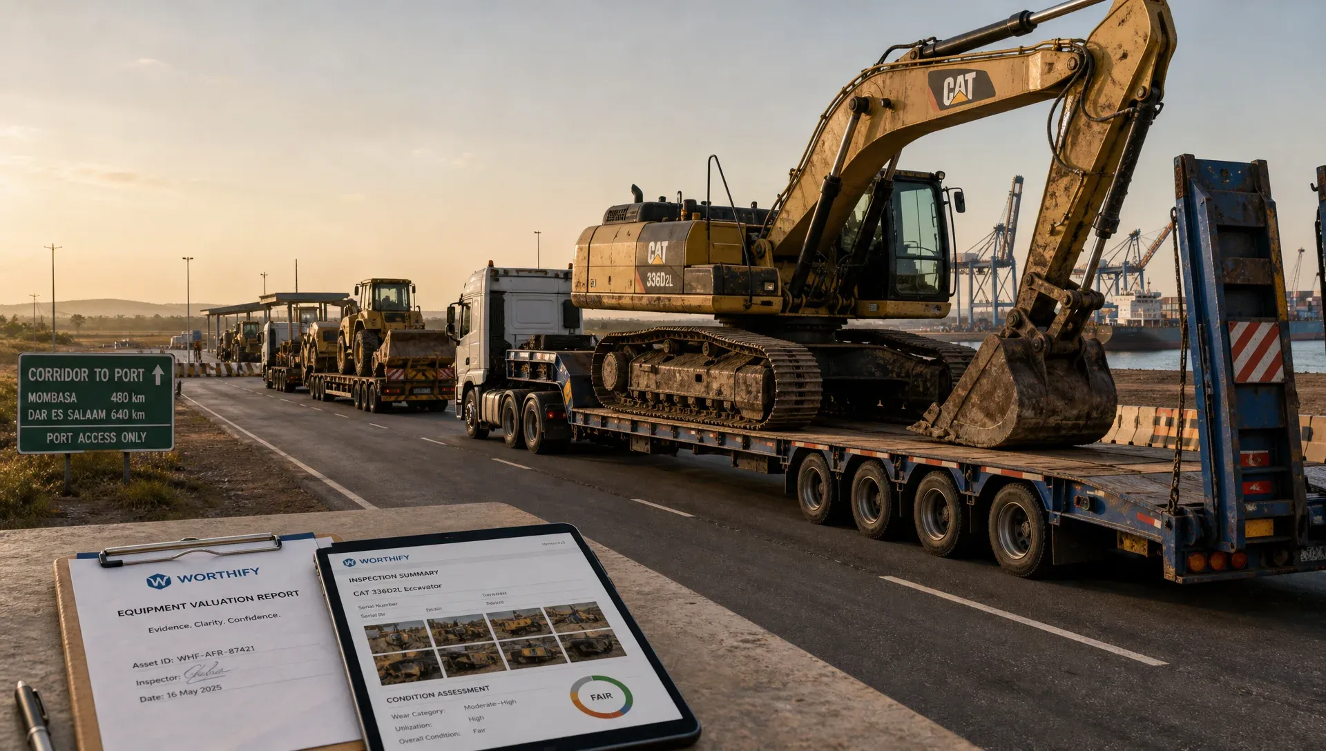 Valuation expert reviewing documents to determine the true resale value of used earthmoving equipment, considering wear and tear.