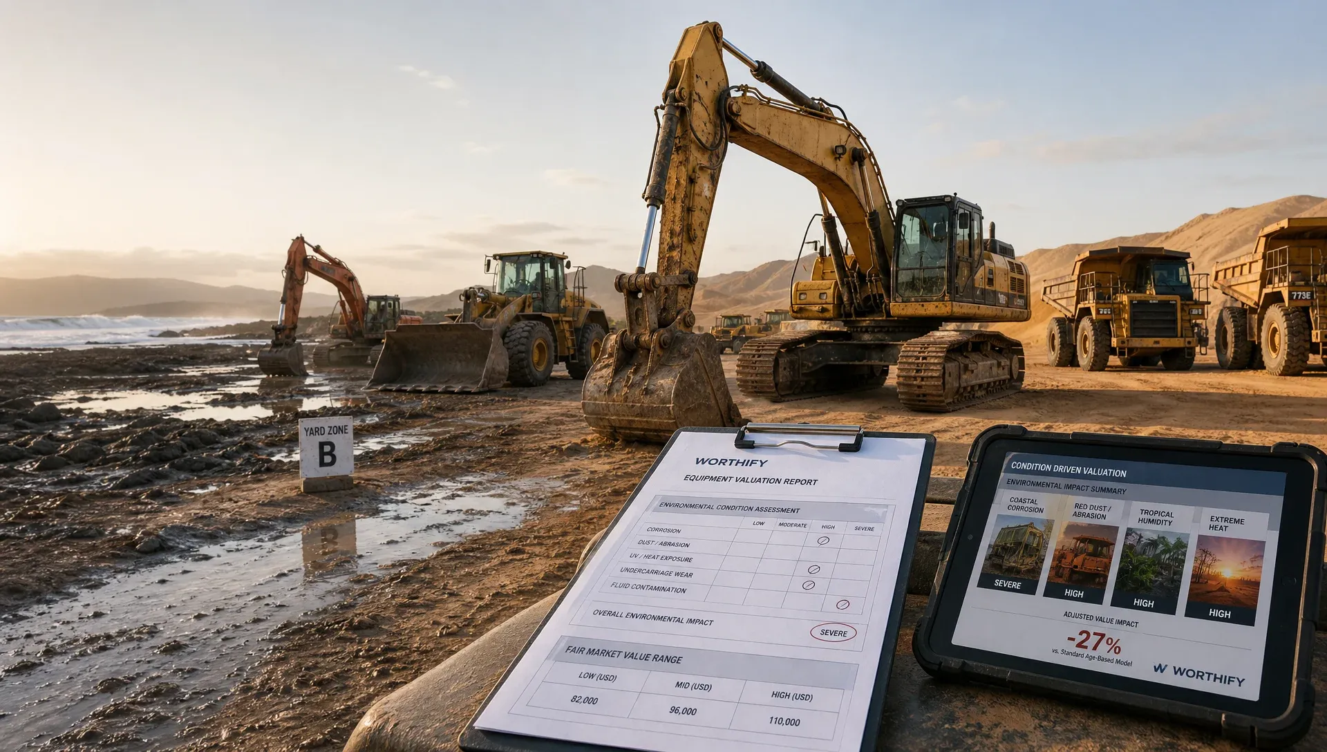 Inspector reviewing documents for a heavy equipment valuation, highlighting the impact of operating environment on machinery condition.